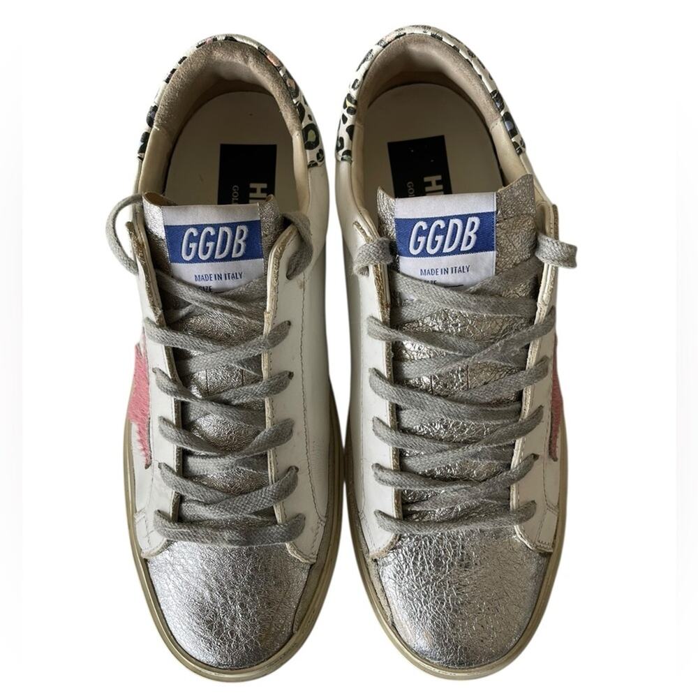 Golden Goose White Sneakers with Pink Star & Leopard Heel - Picture 3 of 10